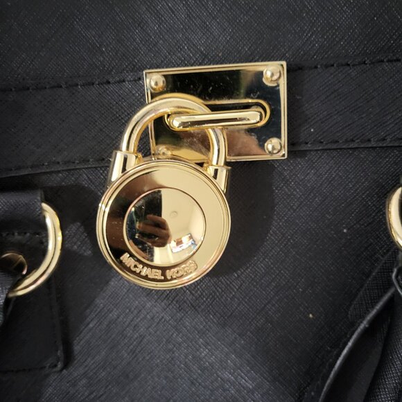 AUTHENTIC Michael Kors Hamilton Black Leather Gold Satchel Crossbody Tote Bag - Picture 7 of 10